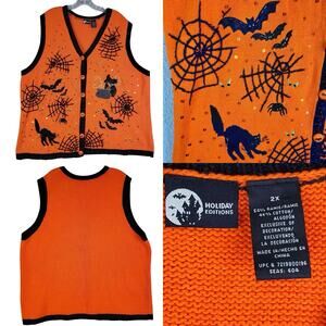 VTG 90's Basic Editions Halloween Applique Orange Cat Spider Sweater Vest Sz 2X